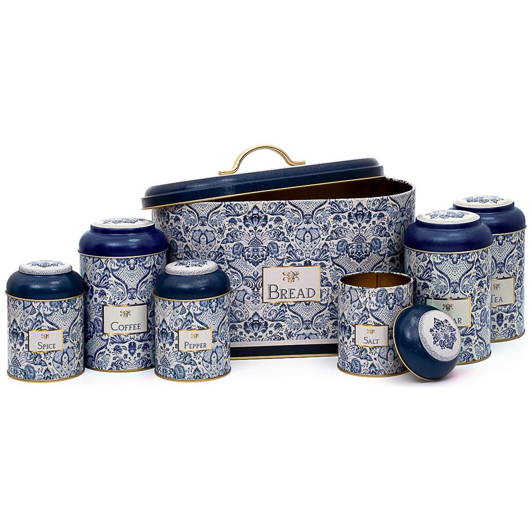 7 Pcs Round Tin Box Kitchen Set Dome Lid Azulejo-Inspired Blue & White Decorative Pattern Azulejos Design
