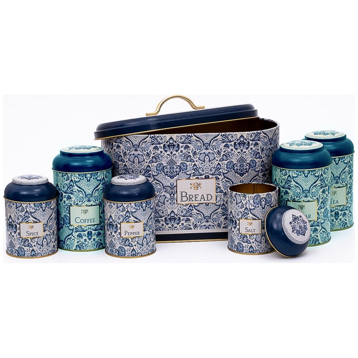 7 Pcs Round Tin Box Kitchen Set Dome Lid Azulejo-Inspired Blue & White Decorative Pattern Azulejos Design