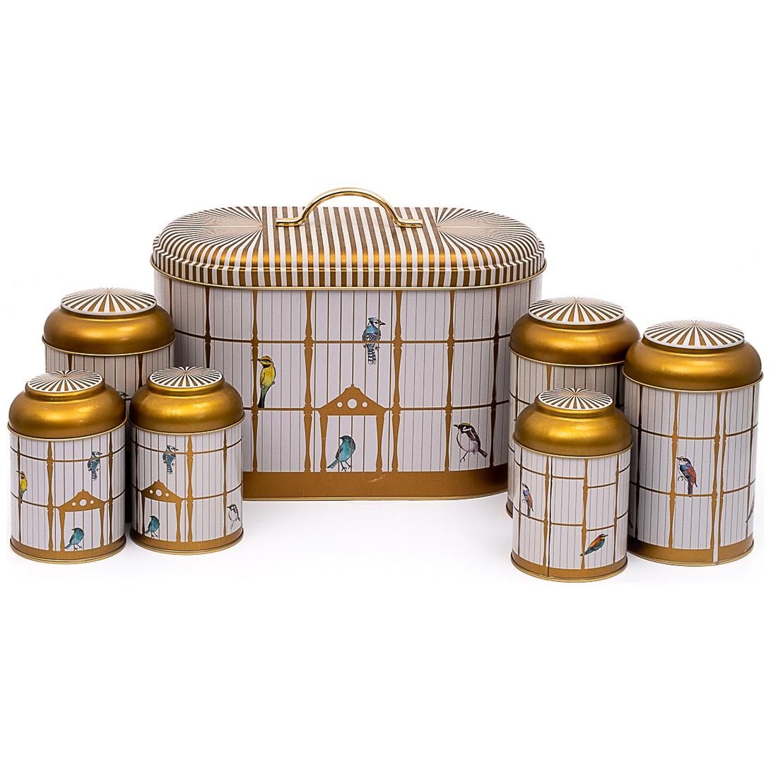 7 Pcs Round Tin Box Kitchen Set Dome Lid Vintage Birdcage Illustration with Colorful Birds Bird Cage Design