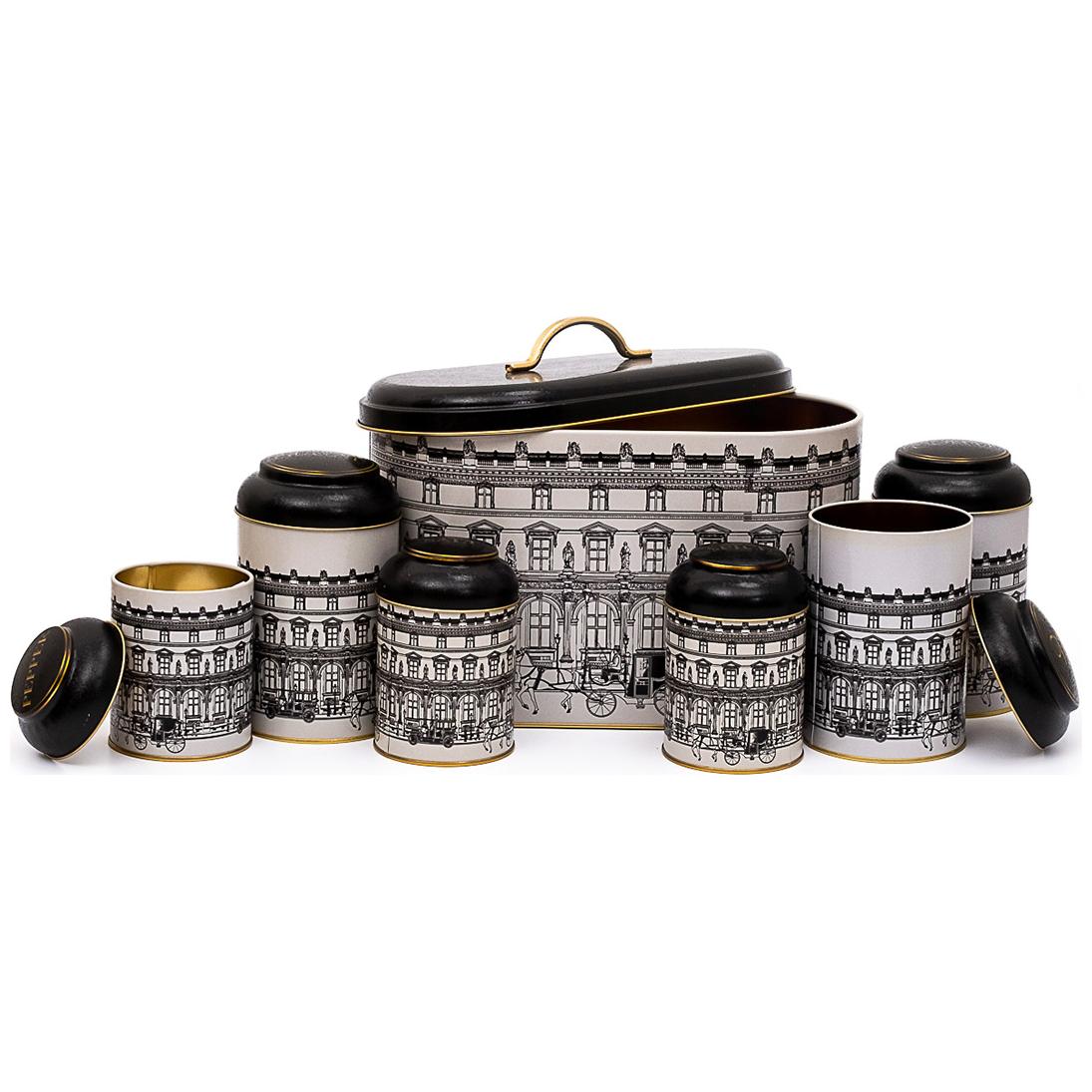 7 Pcs Round Tin Box Kitchen Set Dome Lid vintage cityscapes illustration City Design