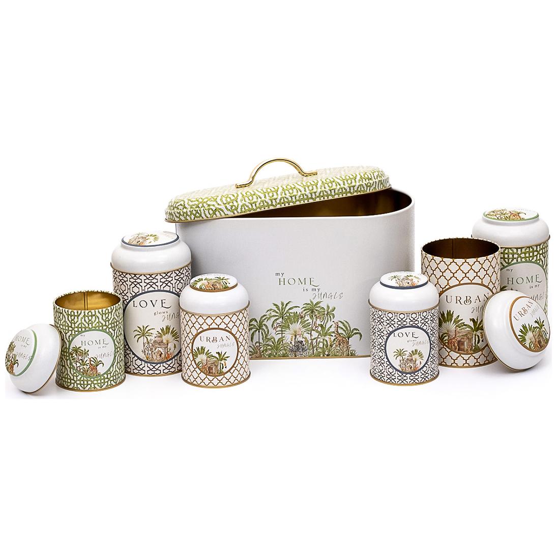 7 Pcs Round Tin Box Kitchen Set Dome Lid Tropical Jungle – A Lush Paradise of Nature & Wildlife Forrest Design