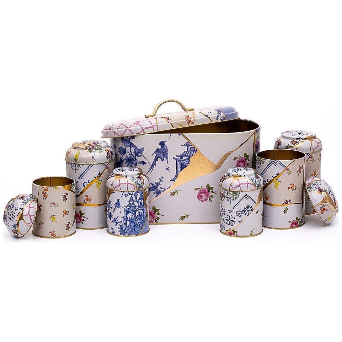 7 Pcs Round Tin Box Kitchen Set Dome Lid Kintsugi Gold vein Flower  Kint Sugi Design