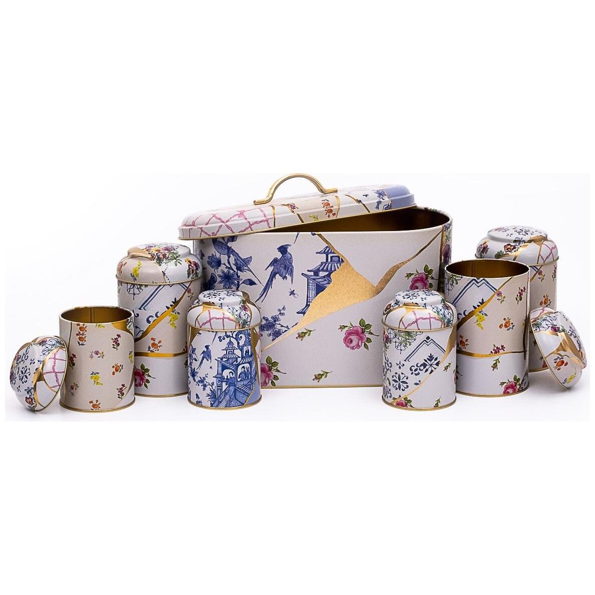 7 Pcs Round Tin Box Kitchen Set Dome Lid Kintsugi Gold vein Flower  Kint Sugi Design