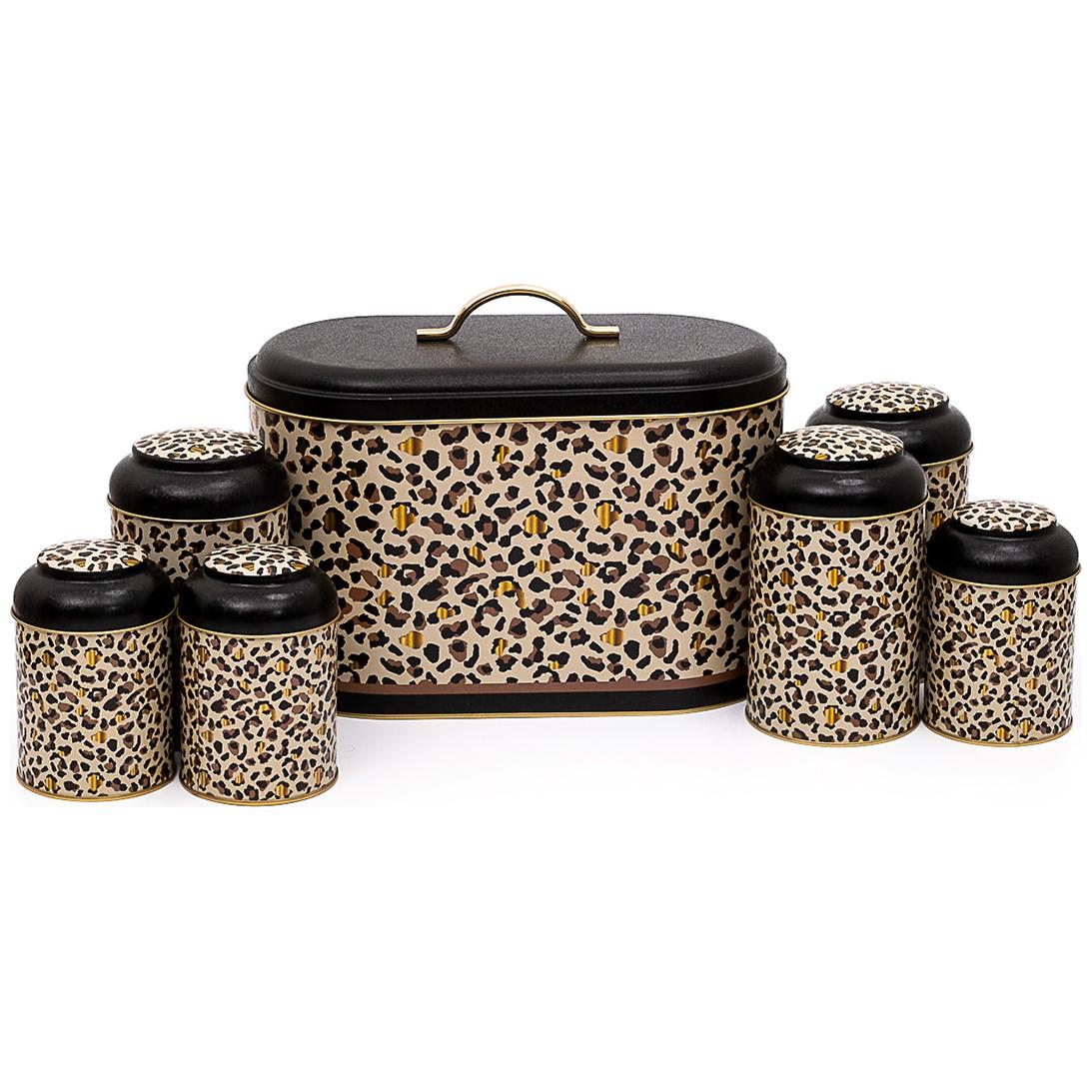 7 Pcs Round Tin Box Kitchen Set Dome Lid Gold Leopard Print Pattern Leo Design