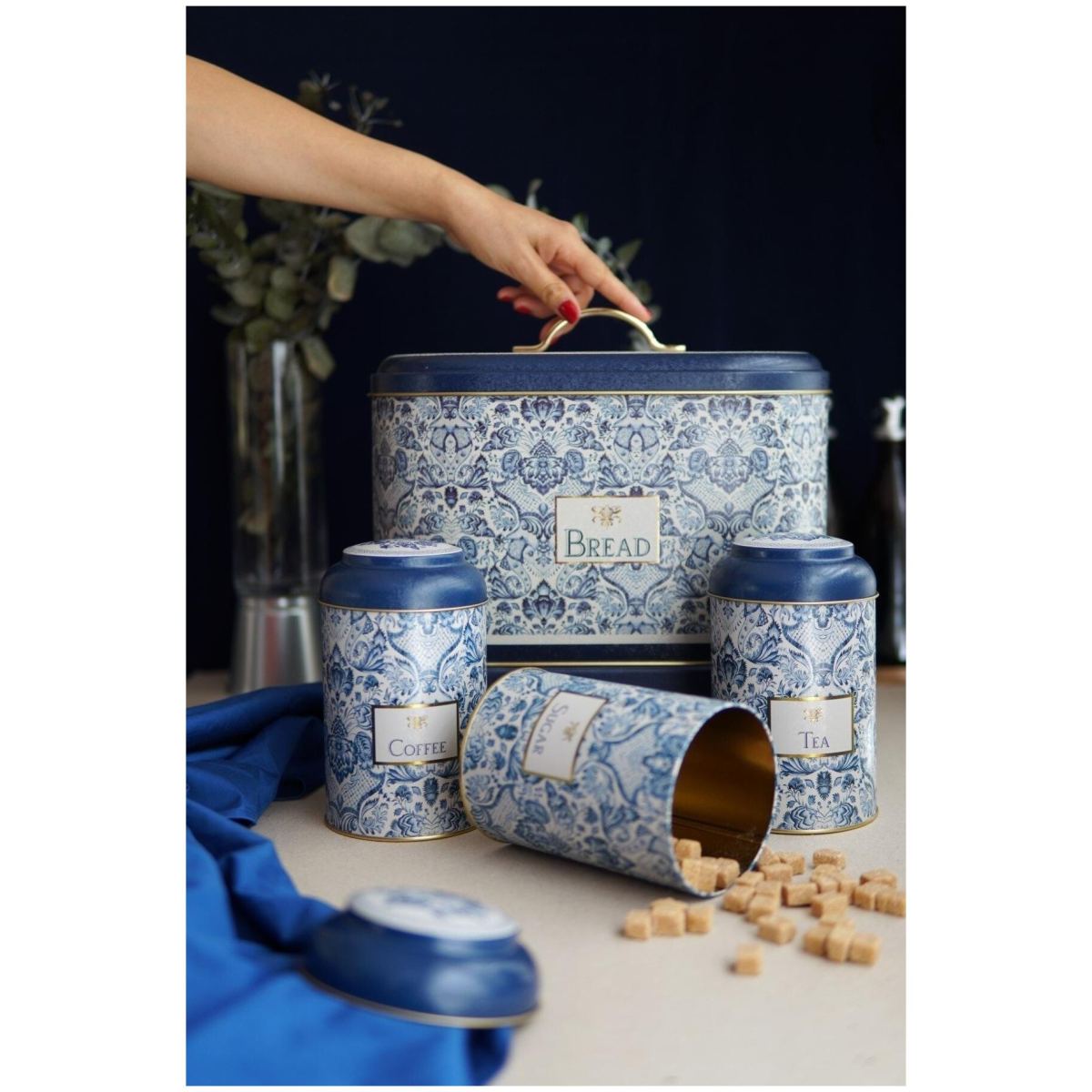 4 Pcs Round Tin Box Kitchen Set Dome Lid Azulejo-Inspired Blue &amp; White Decorative Pattern Azulejos Design