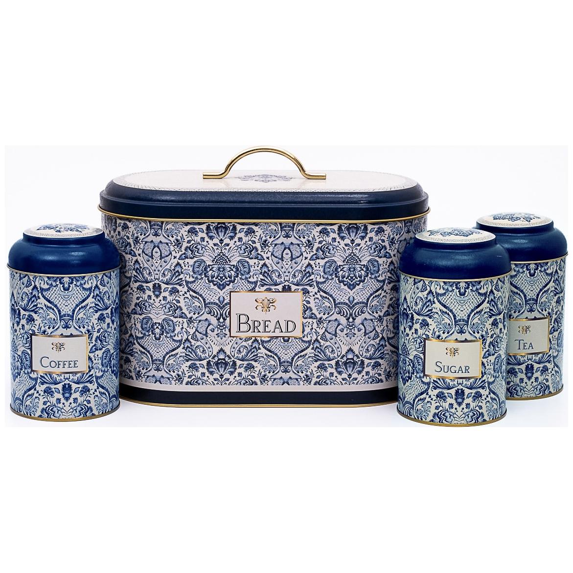 4 Pcs Round Tin Box Kitchen Set Dome Lid Azulejo-Inspired Blue & White Decorative Pattern Azulejos Design
