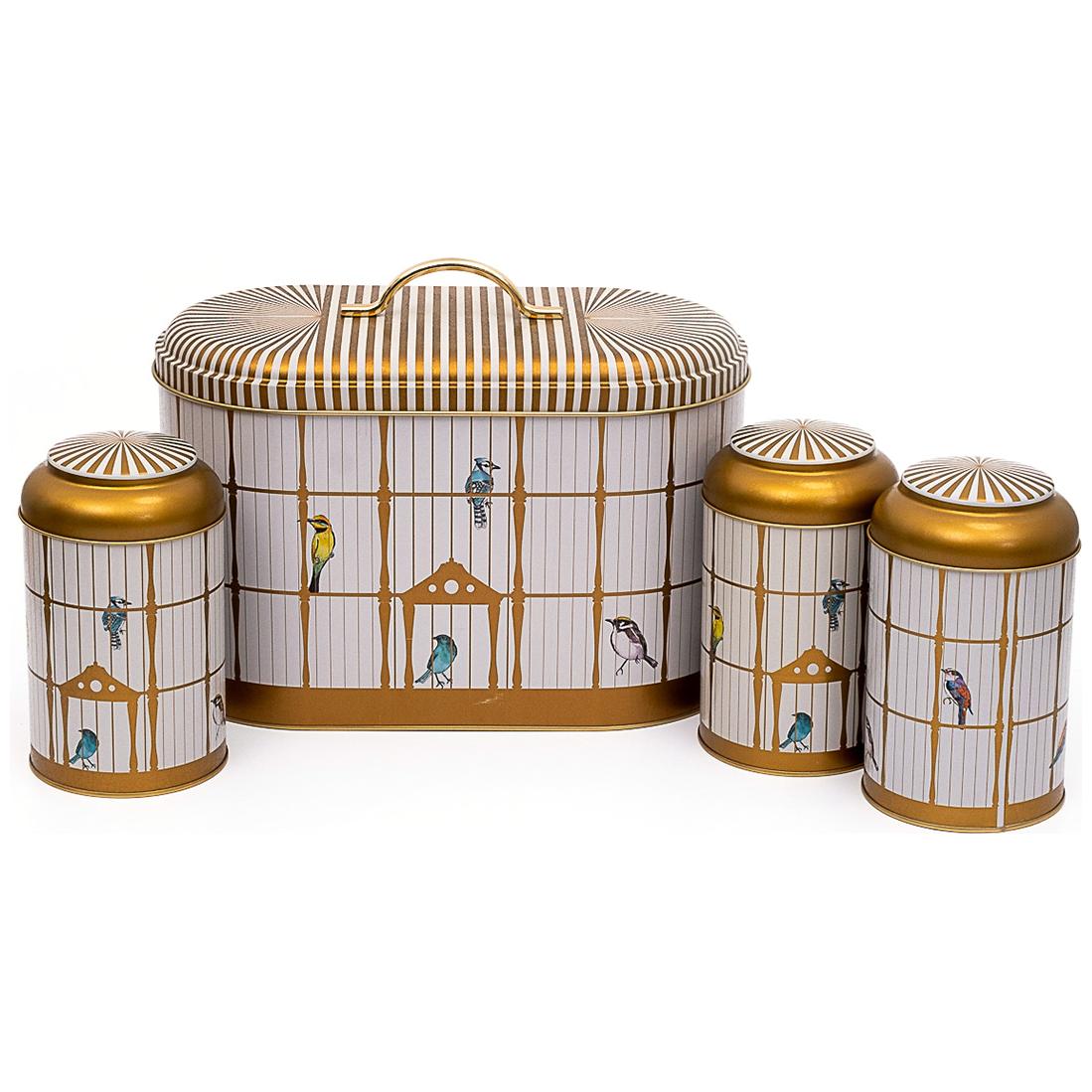 4 Pcs Round Tin Box Kitchen Set Dome Lid Vintage Birdcage Illustration with Colorful Birds Bird Cage Design