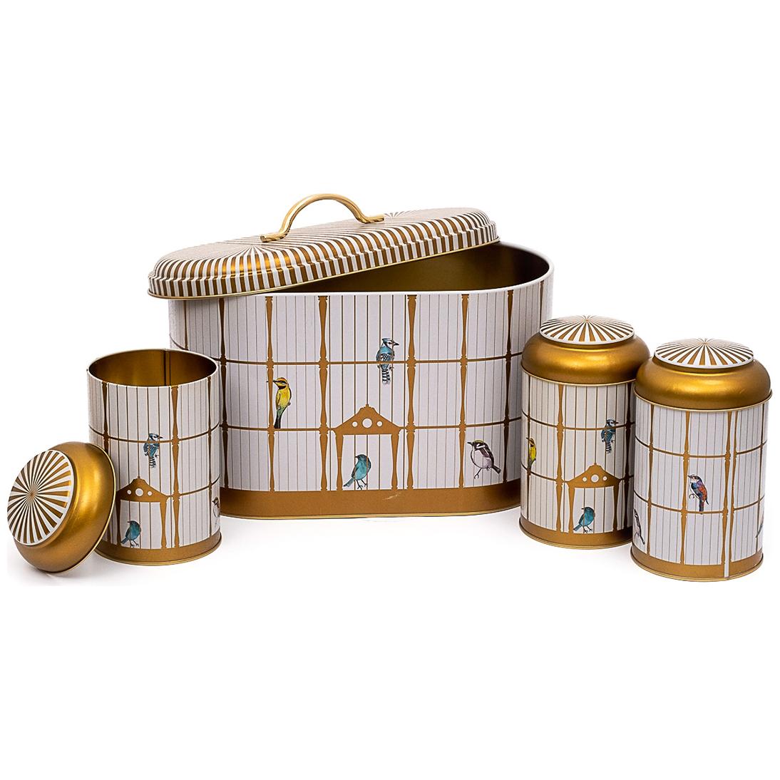 4 Pcs Round Tin Box Kitchen Set Dome Lid Vintage Birdcage Illustration with Colorful Birds Bird Cage Design