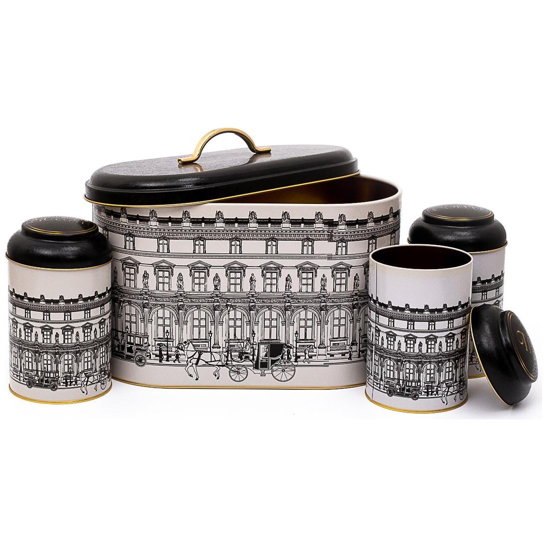 4 Pcs Round Tin Box Kitchen Set Dome Lid vintage cityscapes illustration City Design