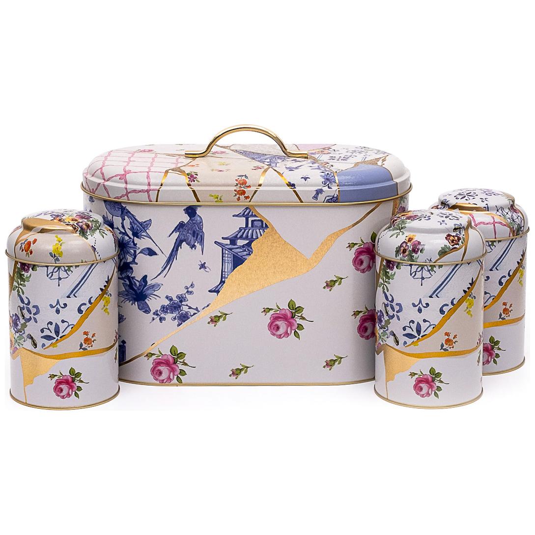 4 Pcs Round Tin Box Kitchen Set Dome Lid Kintsugi Gold vein Flower  Kint Sugi Design