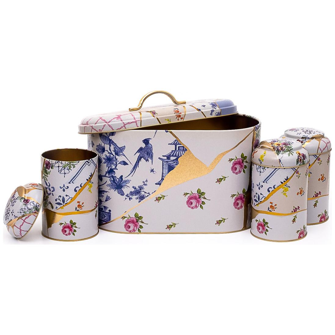4 Pcs Round Tin Box Kitchen Set Dome Lid Kintsugi Gold vein Flower Kint Sugi Design