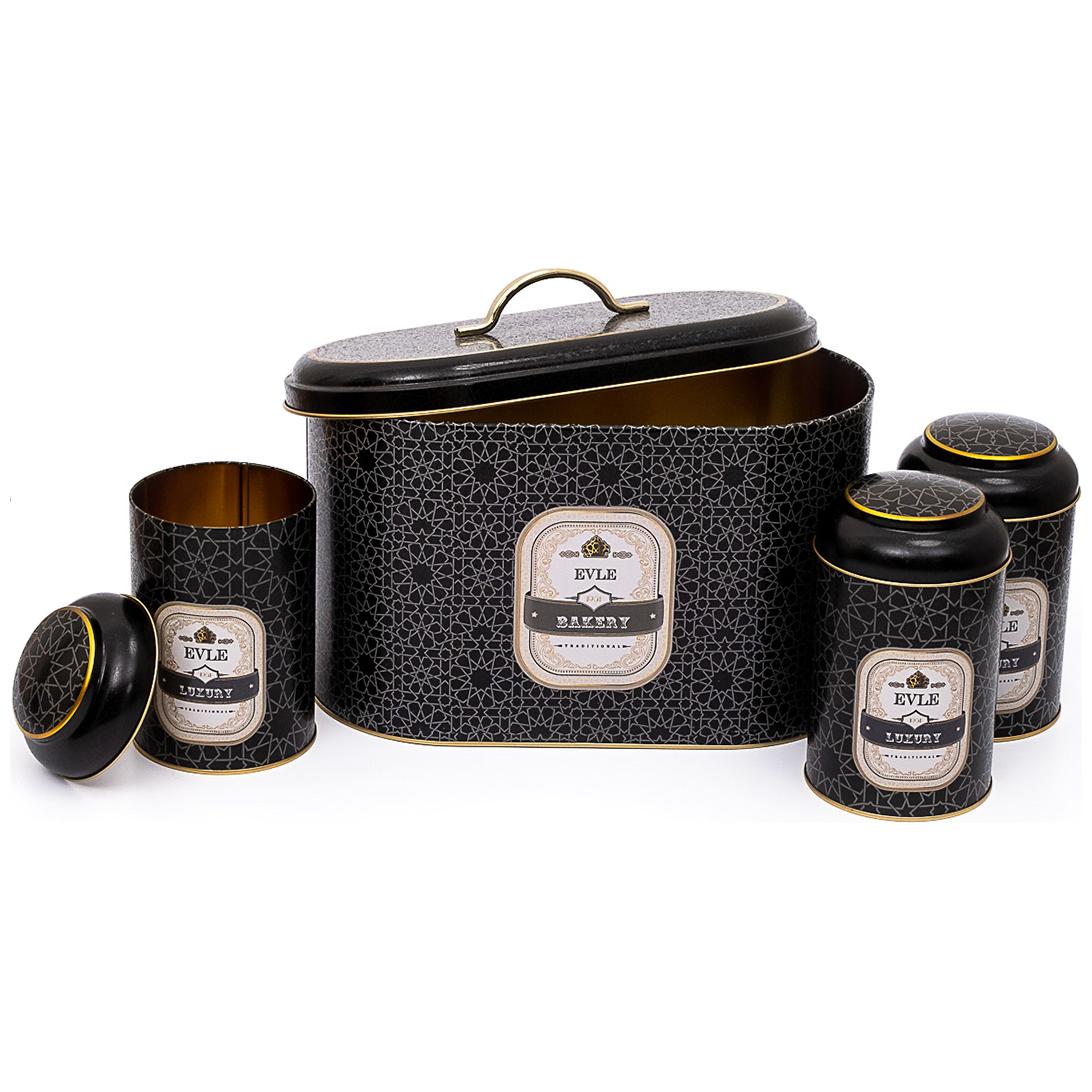 4 Pcs Round Tin Box Kitchen Set Dome Lid gold geometric pattern black background Trellis Design