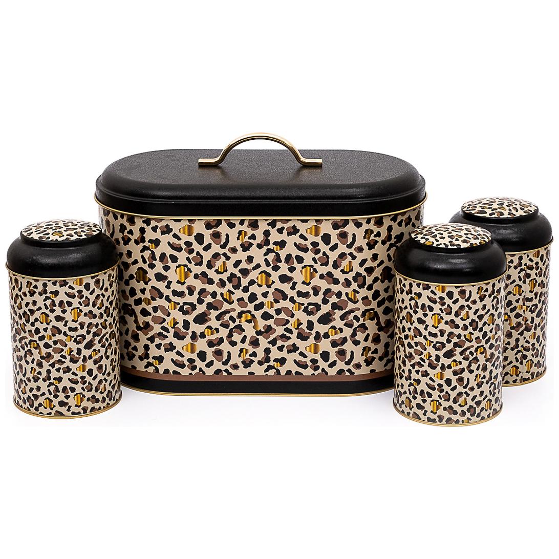 4 Pcs Round Tin Box Kitchen Set Dome Lid Gold Leopard Print Pattern Leo Design