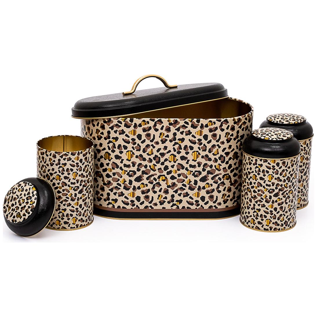 4 Pcs Round Tin Box Kitchen Set Dome Lid Gold Leopard Print Pattern Leo Design