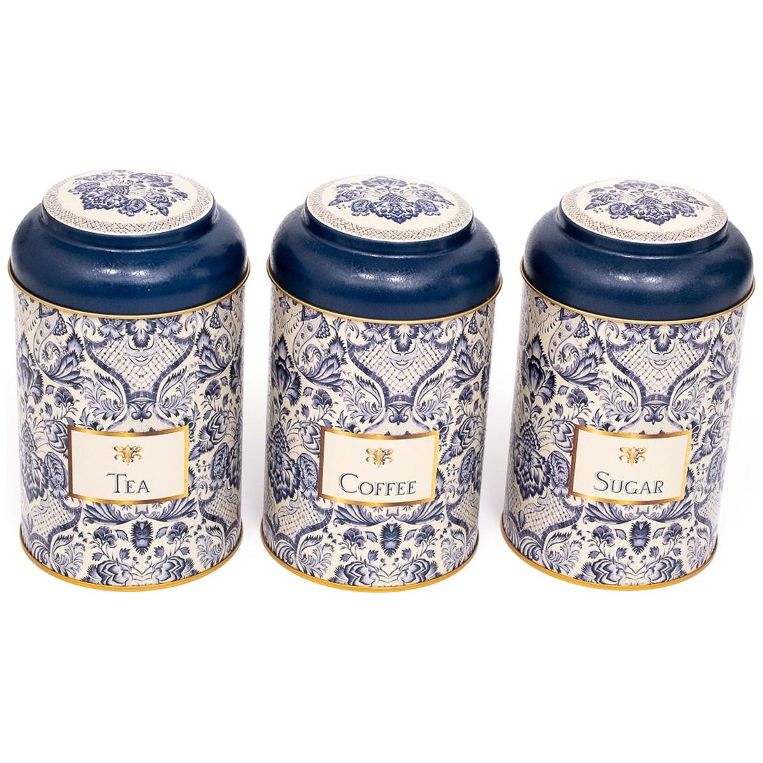 Ø105 x 150 mm  Round Metal Tin – 1.2L with Dome Lid Azulejo-Inspired Blue &amp; White Decorative Pattern Azulejos Design