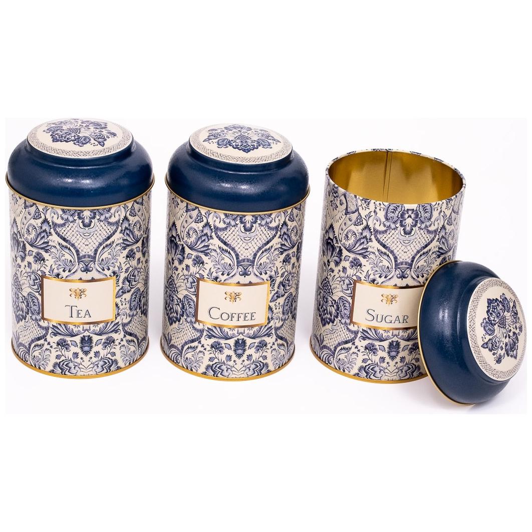 Ø105 x 150 mm Round Metal Tin – 1.2L with Dome Lid Azulejo-Inspired Blue & White Decorative Pattern Azulejos Design