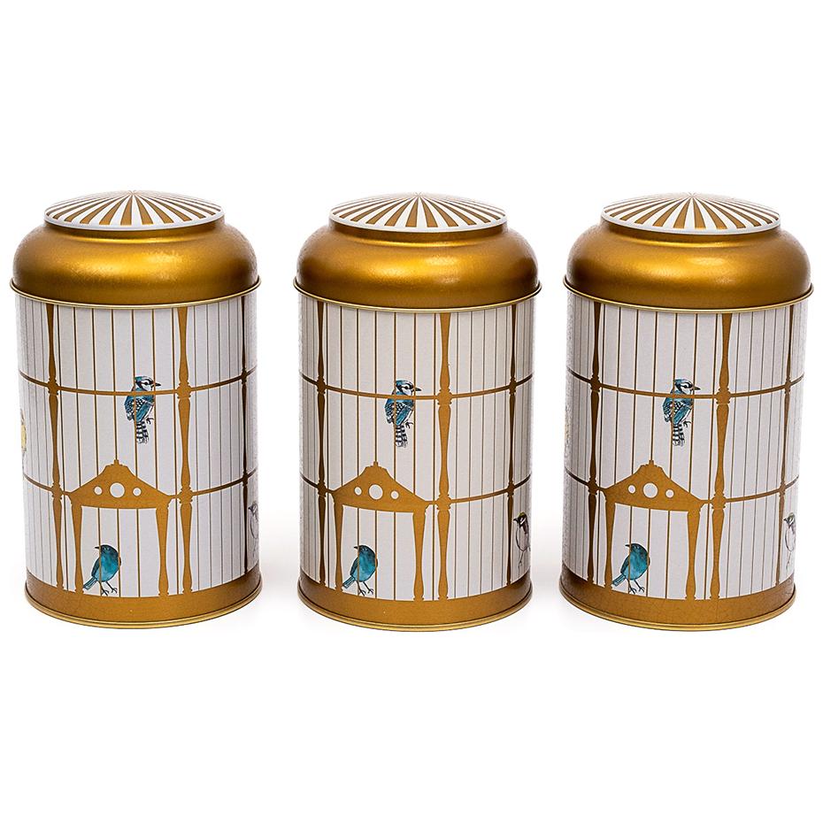 Ø105 x 150 mm  Round Metal Tin – 1.2L with Dome Lid Vintage Birdcage Illustration with Colorful Birds Bird Cage Design