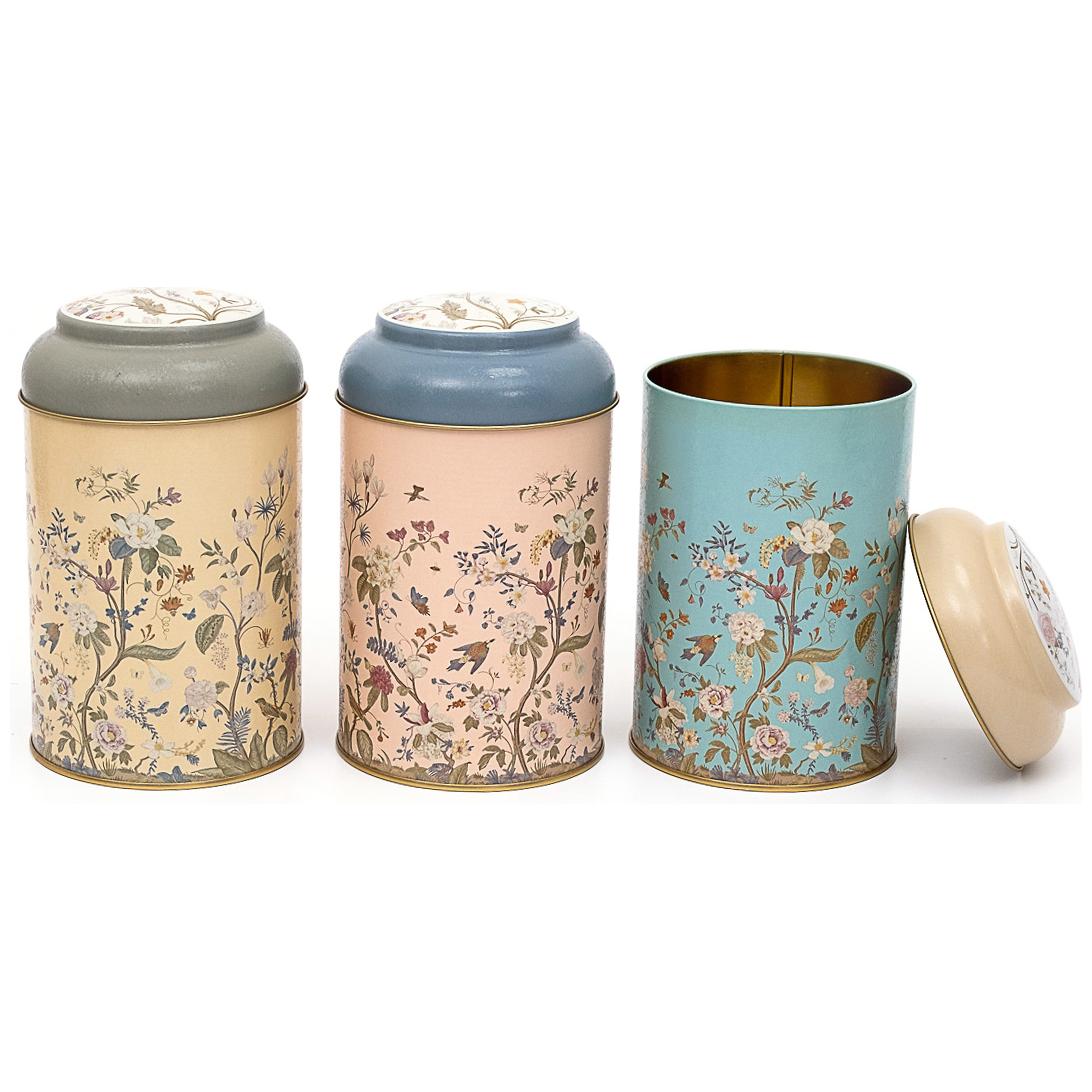 Ø105 x 150 mm  Round Metal Tin – 1.2L with Dome Lid Floral Design Pastel Blue Botanica Design