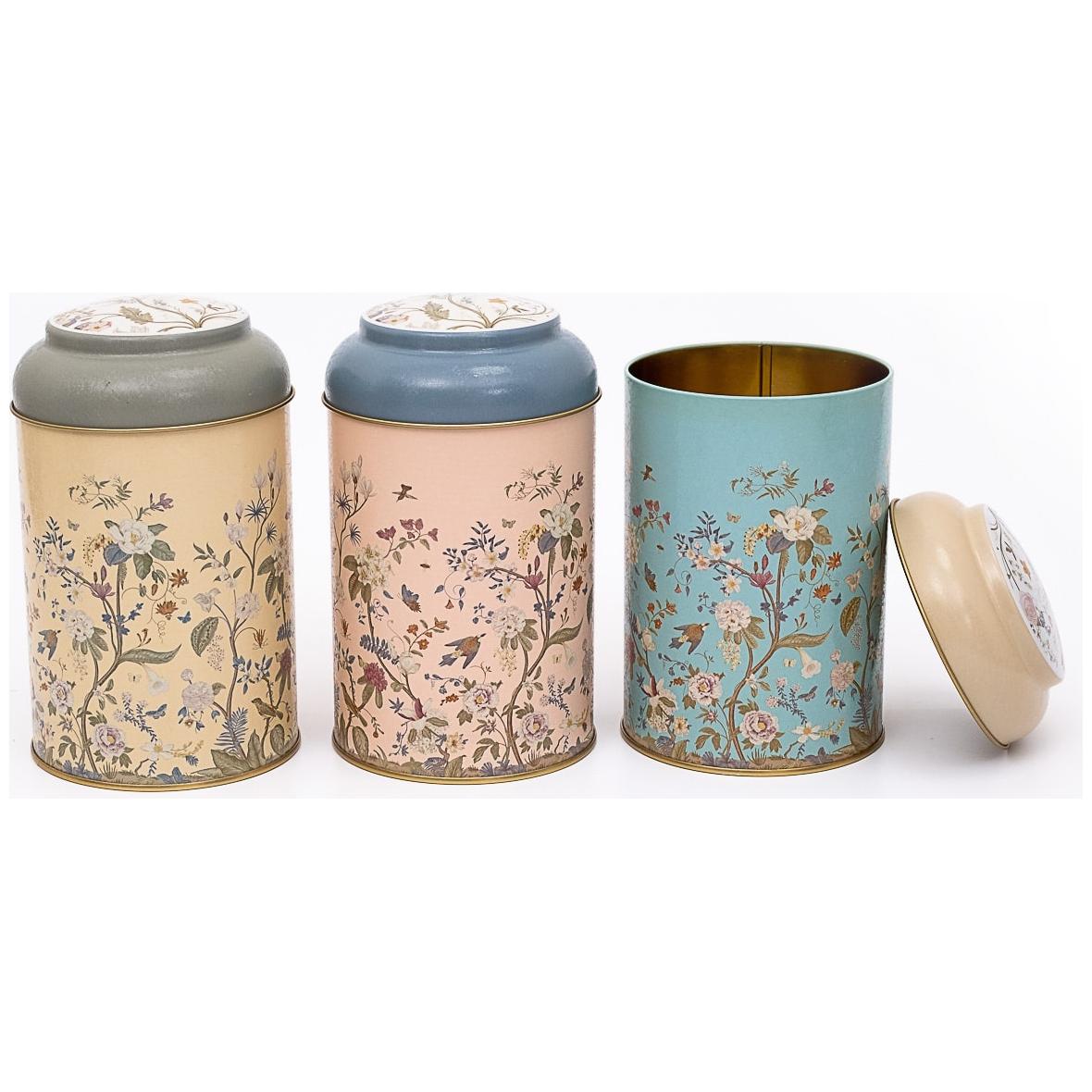 Ø105 x 150 mm  Round Metal Tin – 1.2L with Dome Lid Floral Design Pastel Blue Botanica Design