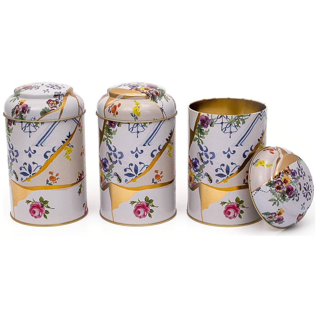 Ø105 x 150 mm  Round Metal Tin – 1.2L with Dome Lid Kintsugi Gold vein Flower  Kint Sugi Design