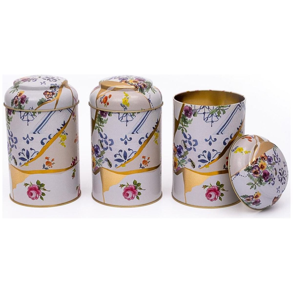 Ø105 x 150 mm  Round Metal Tin – 1.2L with Dome Lid Kintsugi Gold vein Flower  Kint Sugi Design