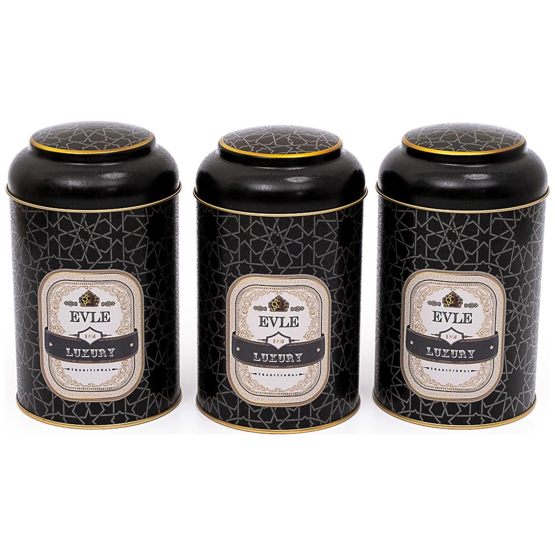 Ø105 x 150 mm  Round Metal Tin – 1.2L with Dome Lid gold geometric pattern black background Trellis Design