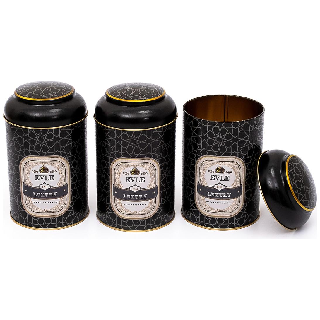 Ø105 x 150 mm  Round Metal Tin – 1.2L with Dome Lid gold geometric pattern black background Trellis Design