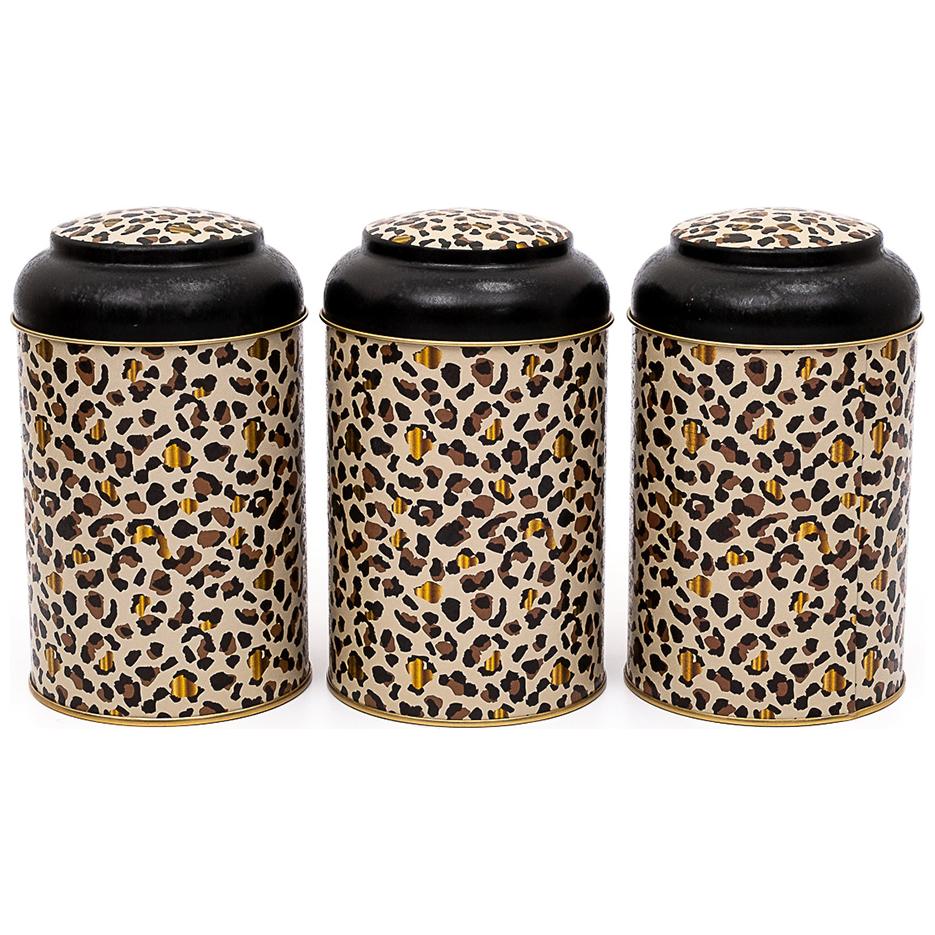 Ø105 x 150 mm  Round Metal Tin – 1.2L with Dome Lid Gold Leopard Print Pattern Leo Design