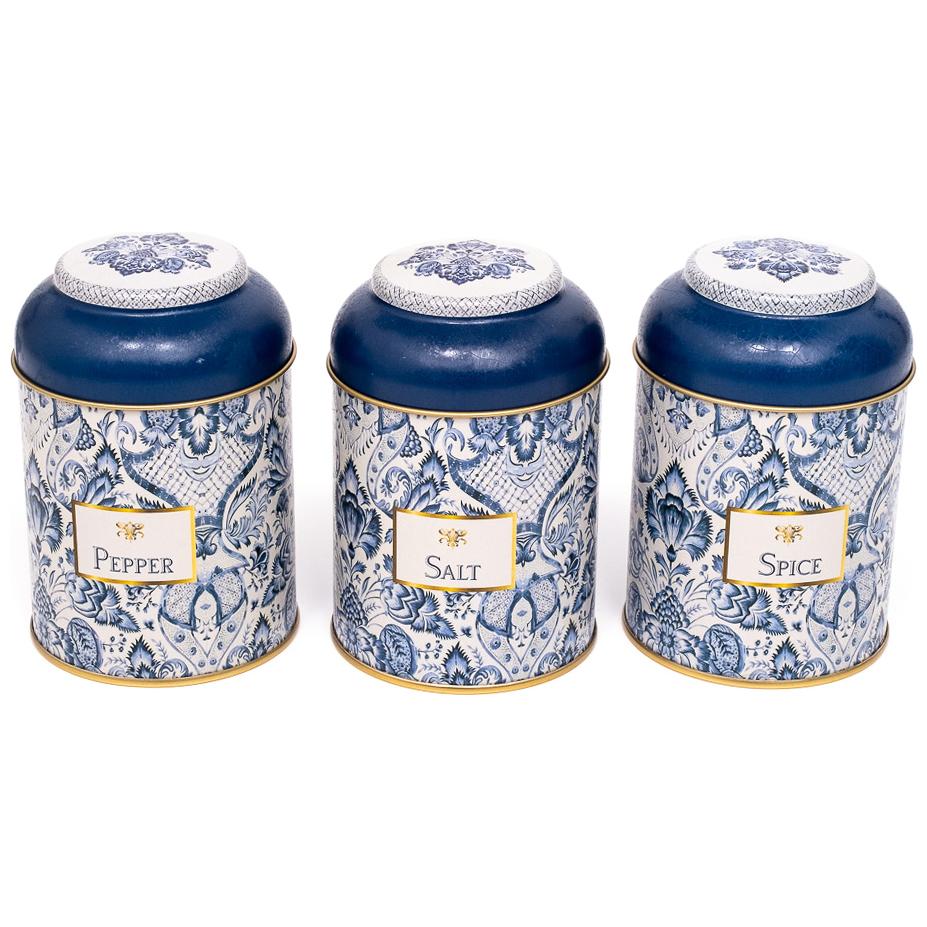 Ø90x100 mm Metal Canister Set  (Set of 3) with Dome Lids Azulejo-Inspired Blue &amp; White Decorative Pattern Azulejos Design