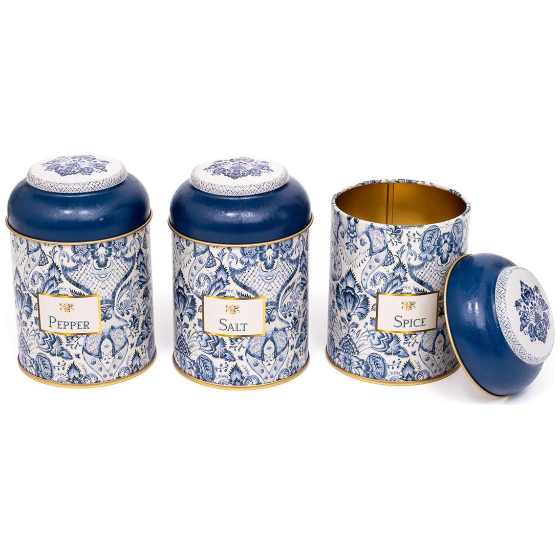  Ø90x100 mm Metal Canister Set  (Set of 3) with Dome Lids Azulejo-Inspired Blue &amp; White Decorative Pattern Azulejos Design