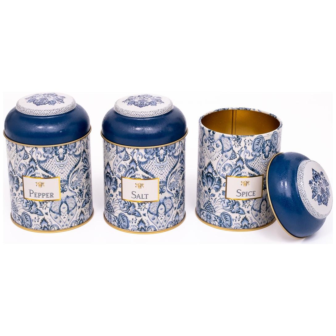  Ø90x100 mm Metal Canister Set  (Set of 3) with Dome Lids Azulejo-Inspired Blue &amp; White Decorative Pattern Azulejos Design