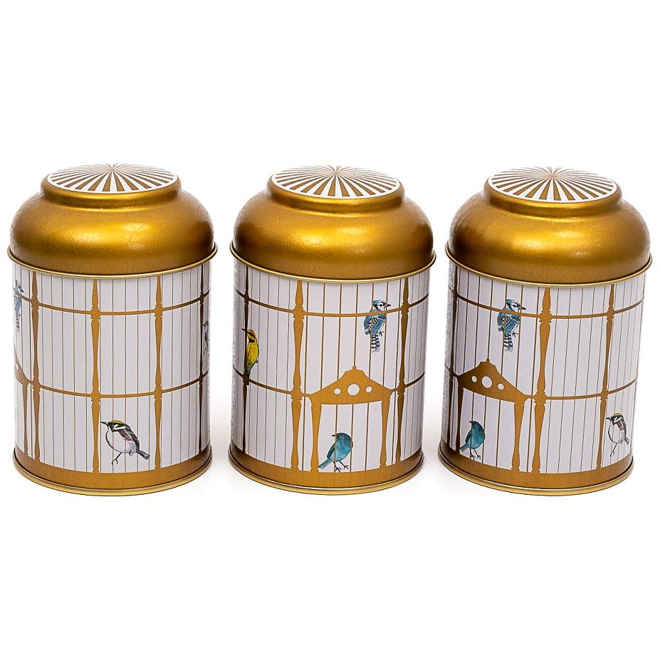  Ø90x100 mm Metal Canister Set  (Set of 3) with Dome Lids Vintage Birdcage Illustration with Colorful Birds Bird Cage Design