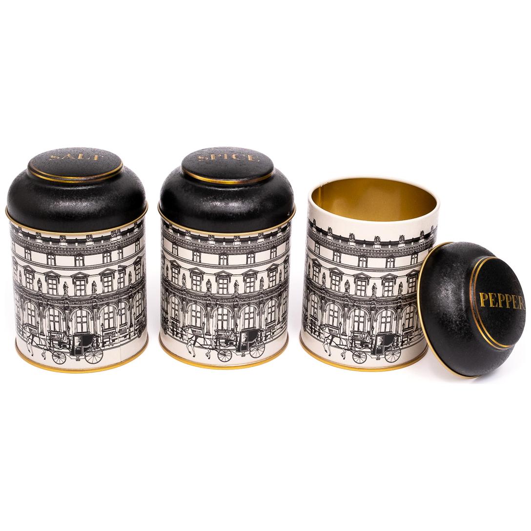  Ø90x100 mm Metal Canister Set  (Set of 3) with Dome Lids vintage cityscapes illustration City Design
