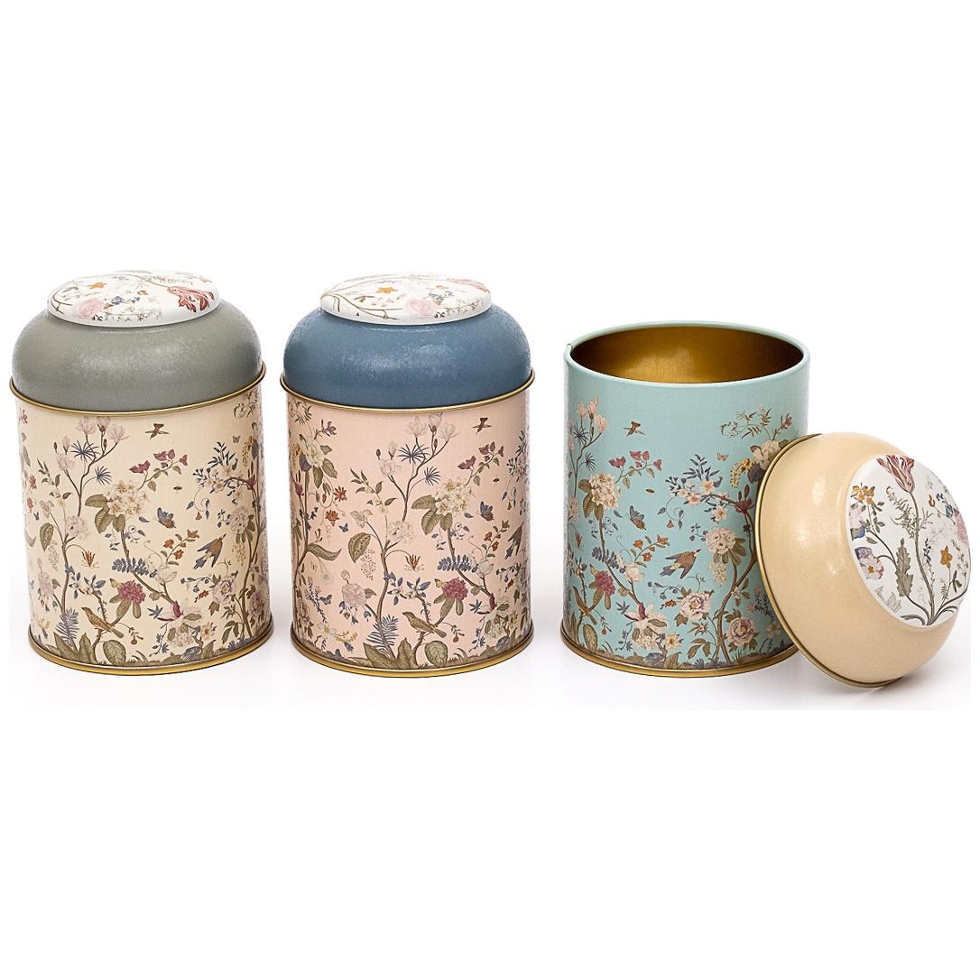 Ø90x100 mm Metal Canister Set (Set of 3) with Dome Lids Floral Design Pastel Blue Botanica Design