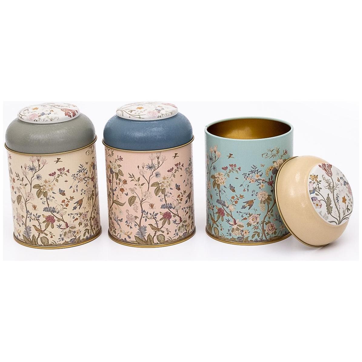Ø90x100 mm Metal Canister Set (Set of 3) with Dome Lids Floral Design Pastel Blue Botanica Design