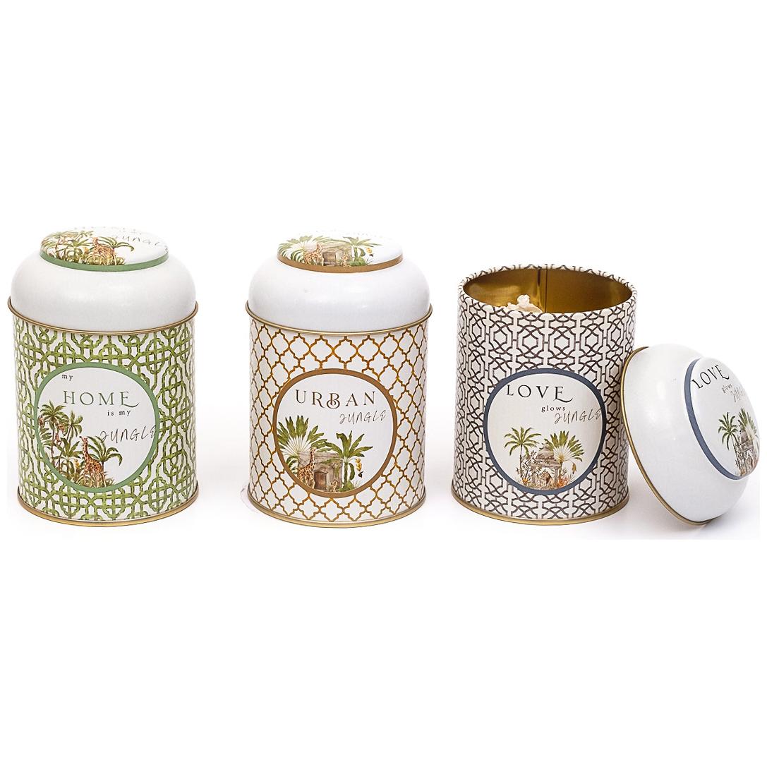 Ø90x100 mm Metal Canister Set (Set of 3) with Dome Lids Tropical Jungle – A Lush Paradise of Nature & Wildlife Forrest Design