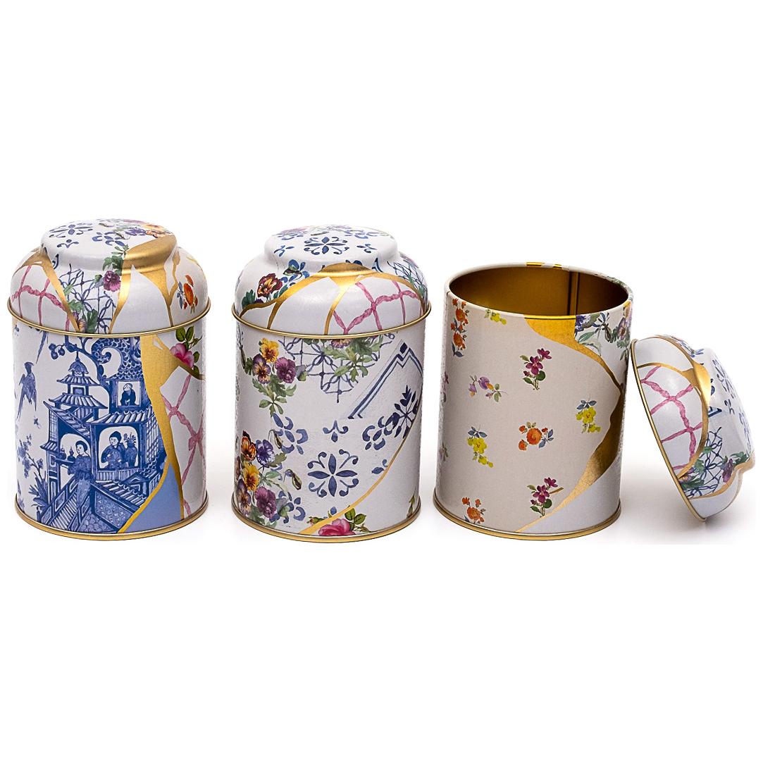 Ø90x100 mm Metal Canister Set (Set of 3) with Dome Lids Kintsugi Gold vein Flower Kint Sugi Design