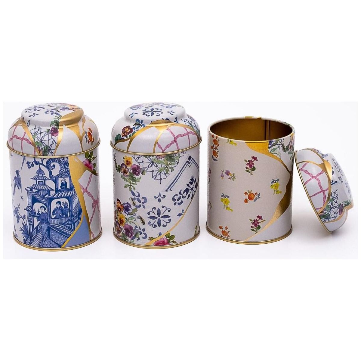 Ø90x100 mm Metal Canister Set (Set of 3) with Dome Lids Kintsugi Gold vein Flower Kint Sugi Design