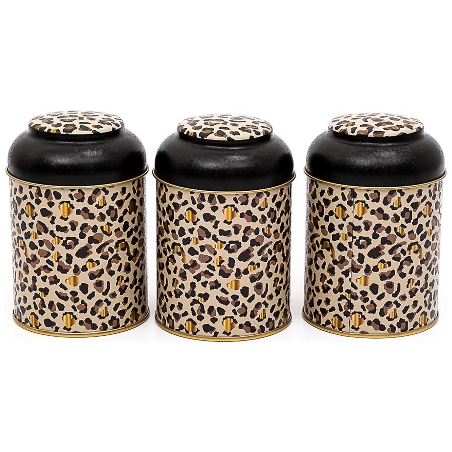  Ø90x100 mm Metal Canister Set  (Set of 3) with Dome Lids Gold Leopard Print Pattern Leo Design