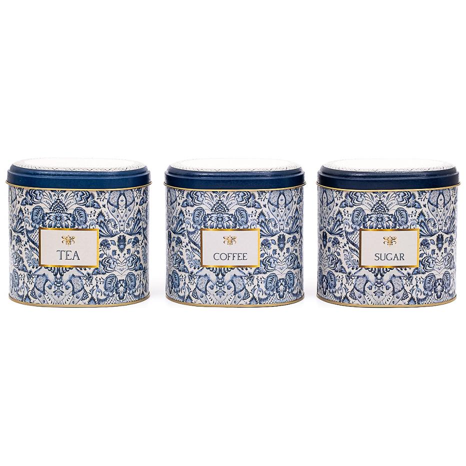 Oval Metal Storage Box Set 140 x 120 x 130 mm 1.4L (Set of 3 ) Azulejo-Inspired Blue &amp; White Decorative Pattern Azulejos Design