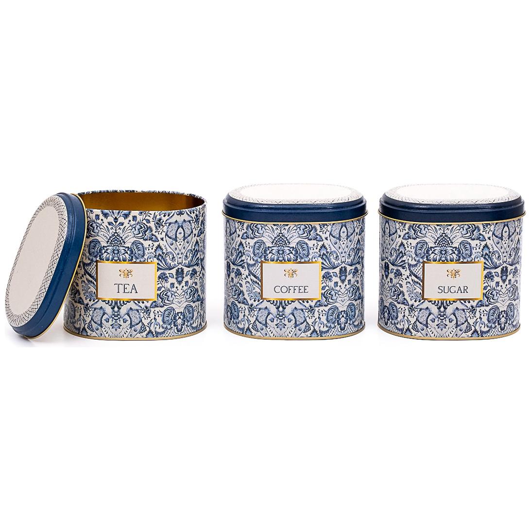 Oval Metal Storage Box Set 140 x 120 x 130 mm 1.4L (Set of 3 ) Azulejo-Inspired Blue & White Decorative Pattern Azulejos Design