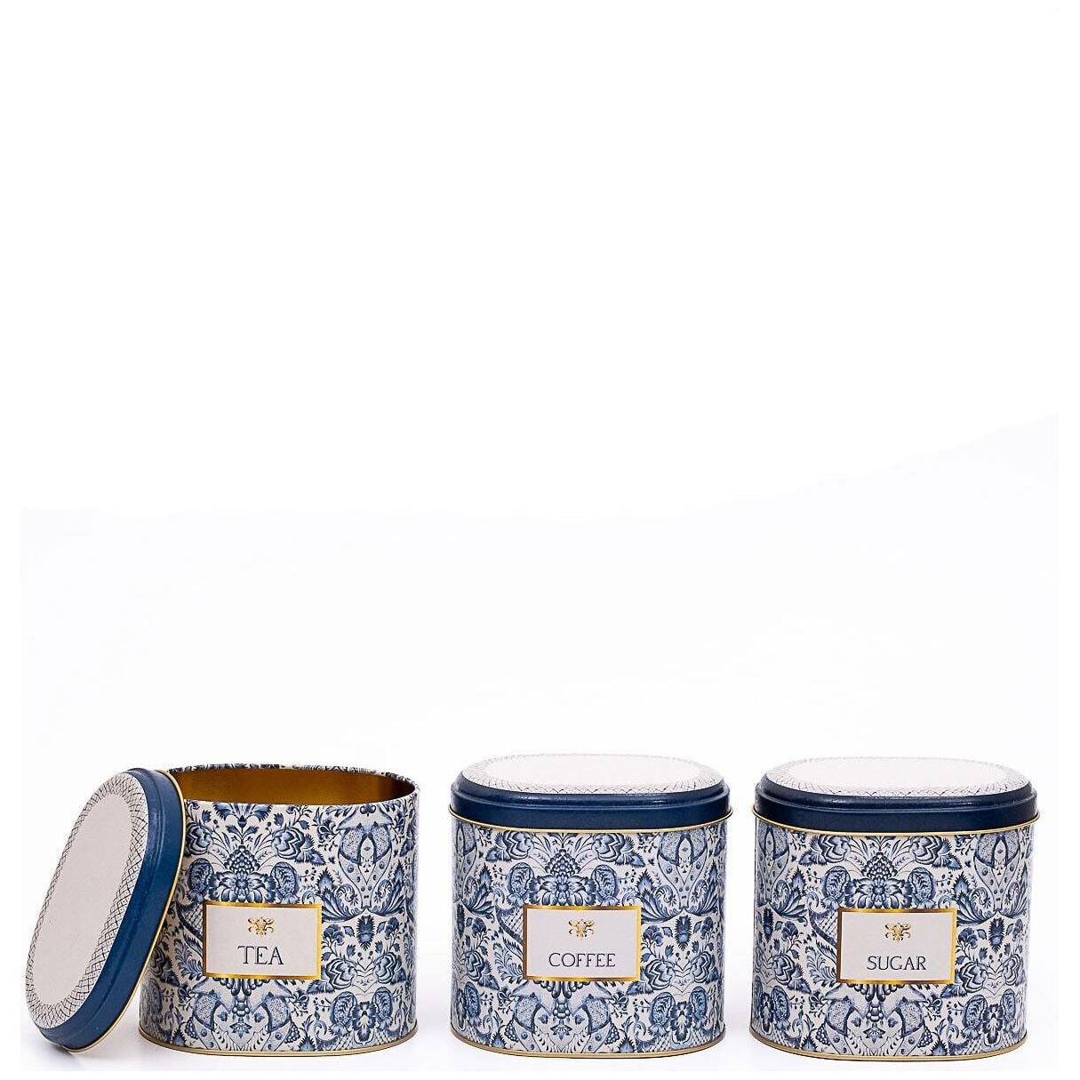 Oval Metal Storage Box Set 140 x 120 x 130 mm 1.4L (Set of 3 ) Azulejo-Inspired Blue & White Decorative Pattern Azulejos Design
