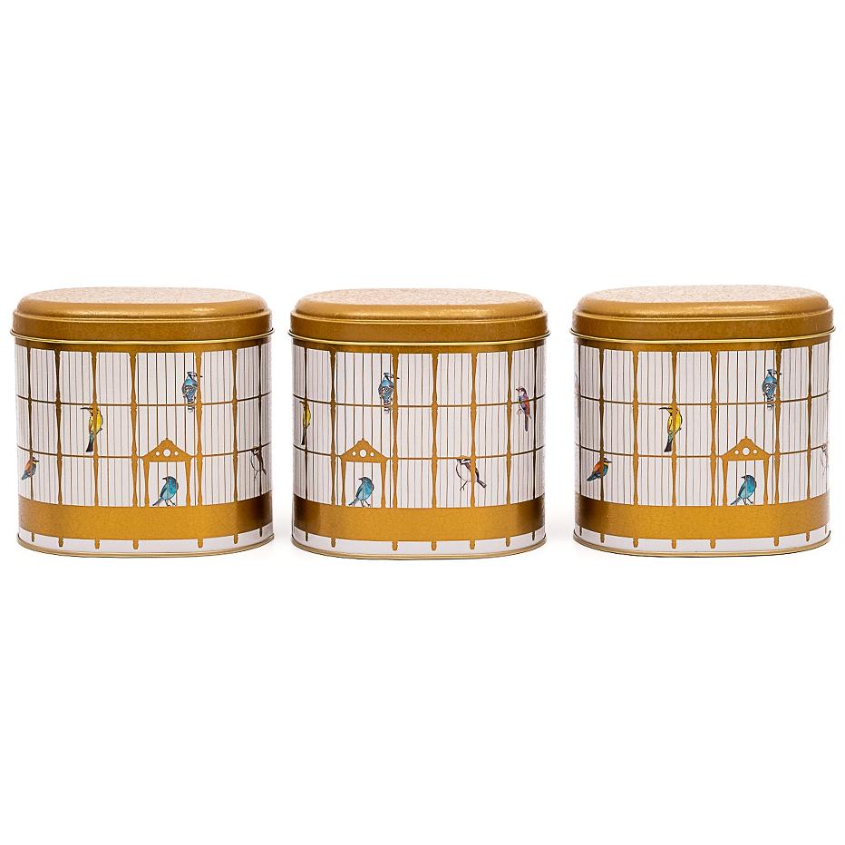 Oval Metal Storage Box Set 140 x 120 x 130 mm 1.4L (Set of 3 ) Vintage Birdcage Illustration with Colorful Birds Bird Cage Design