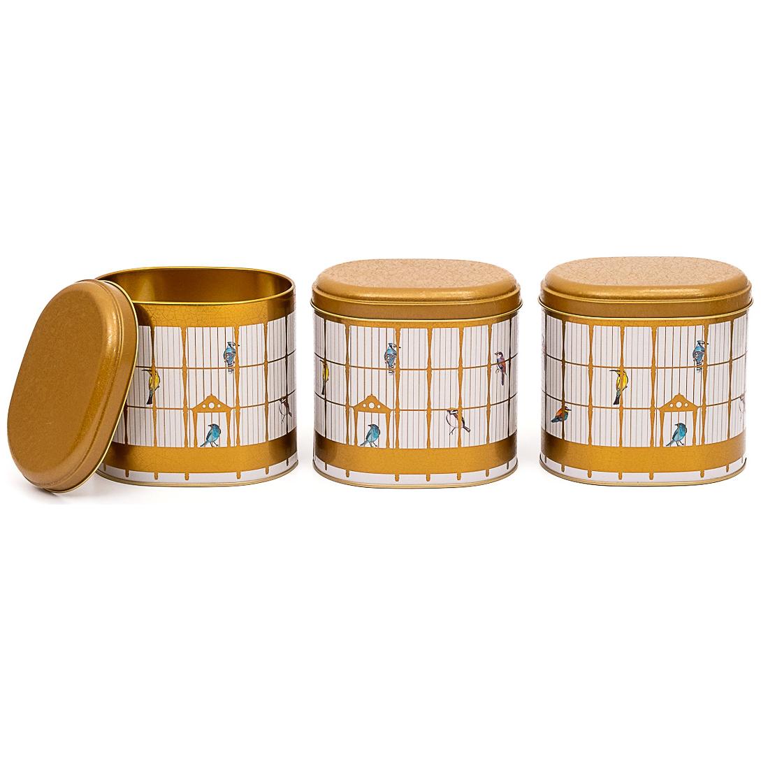 Oval Metal Storage Box Set 140 x 120 x 130 mm 1.4L (Set of 3 ) Vintage Birdcage Illustration with Colorful Birds Bird Cage Design