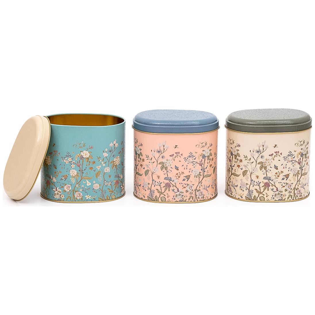 Oval Metal Storage Box Set 140 x 120 x 130 mm 1.4L (Set of 3 ) Floral Design Pastel Blue Botanica Design