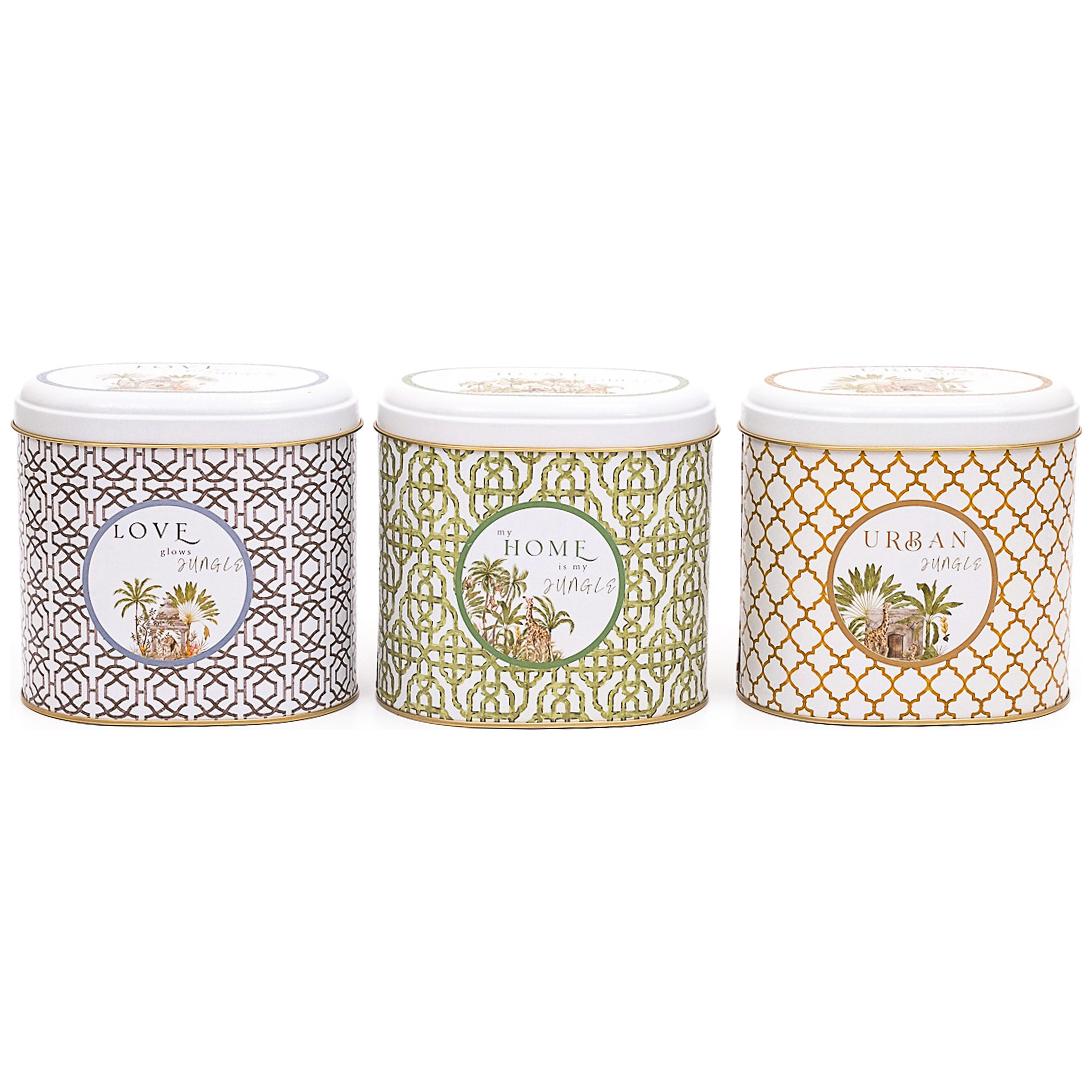 Oval Metal Storage Box Set 140 x 120 x 130 mm 1.4L (Set of 3 ) Tropical Jungle – A Lush Paradise of Nature &amp; Wildlife Forrest Design