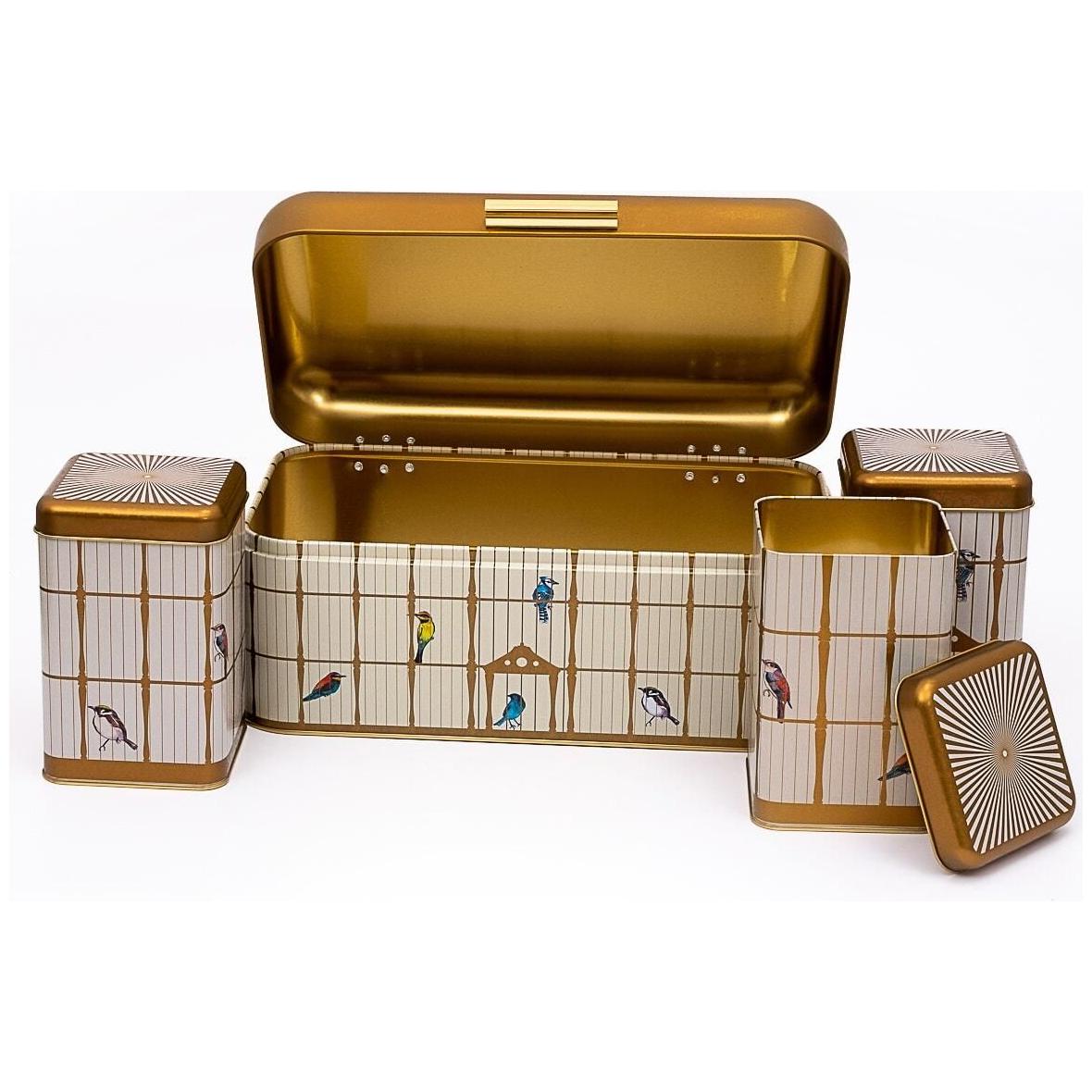 Rectangular Bread Box and Square Tin Box set ( 4 Pcs)   Hinged Lid  Vintage Birdcage Illustration with Colorful Birds Bird Cage Design