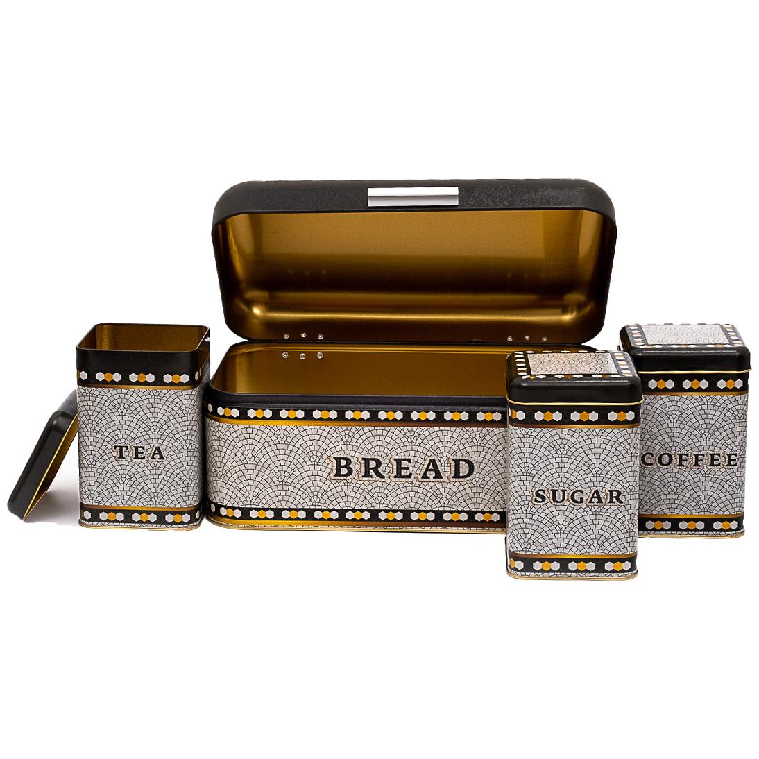 Rectangular Bread Box and Square Tin Box set ( 4 Pcs) Hinged Lid Geometric Mosaic Pattern Mosaic Design