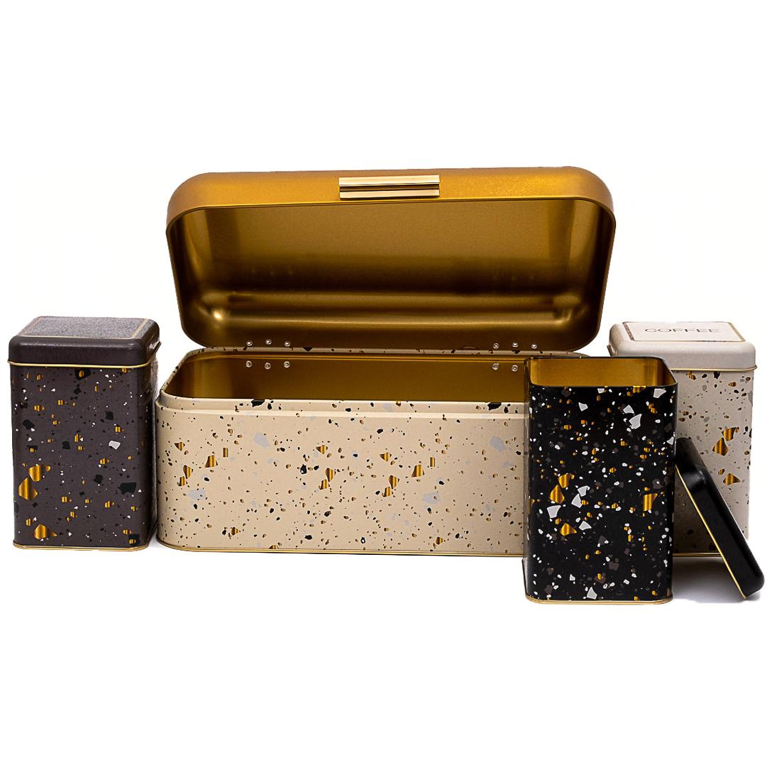  Rectangular Bread Box and Square Tin Box set ( 4 Pcs)   Hinged Lid  Terrazo Terrazo Design