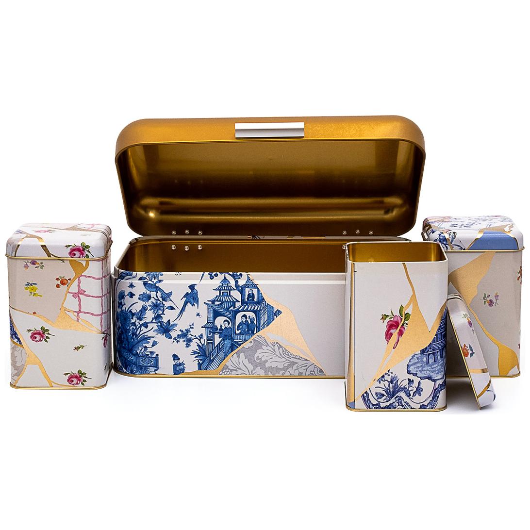 Rectangular Bread Box and Square Tin Box set ( 4 Pcs) Hinged Lid Kintsugi Gold vein Flower Kint Sugi Design